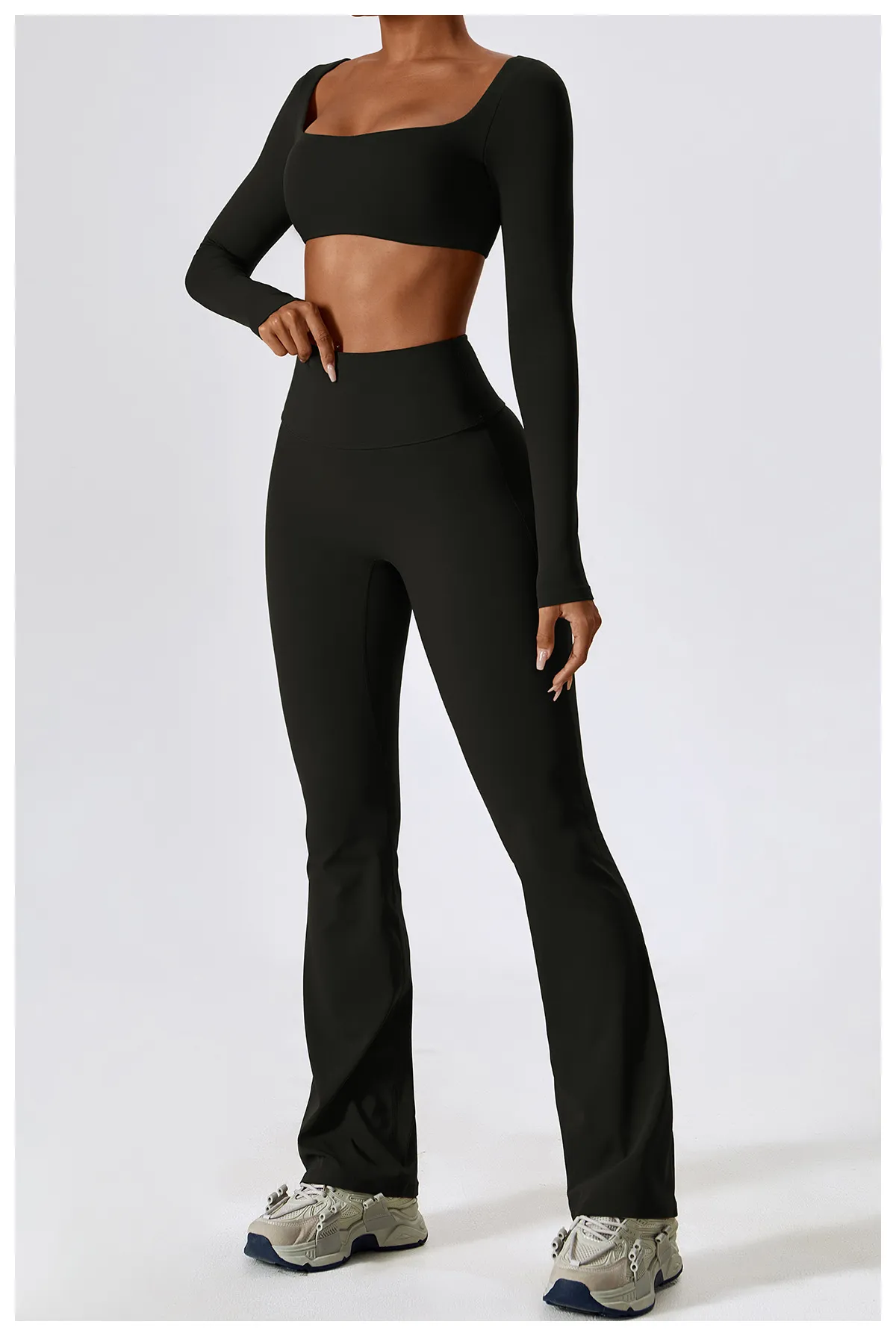 Full-coverage modest activewear — long-sleeve top and full-length leggings developed for a Gulf-market brand