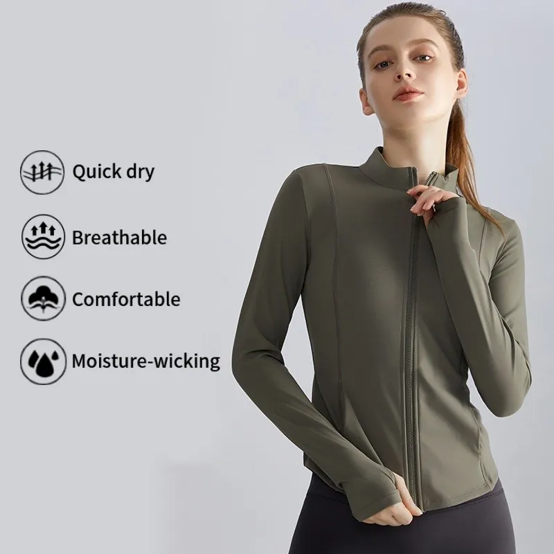 High-collar zip-through training jacket designed for modest layering