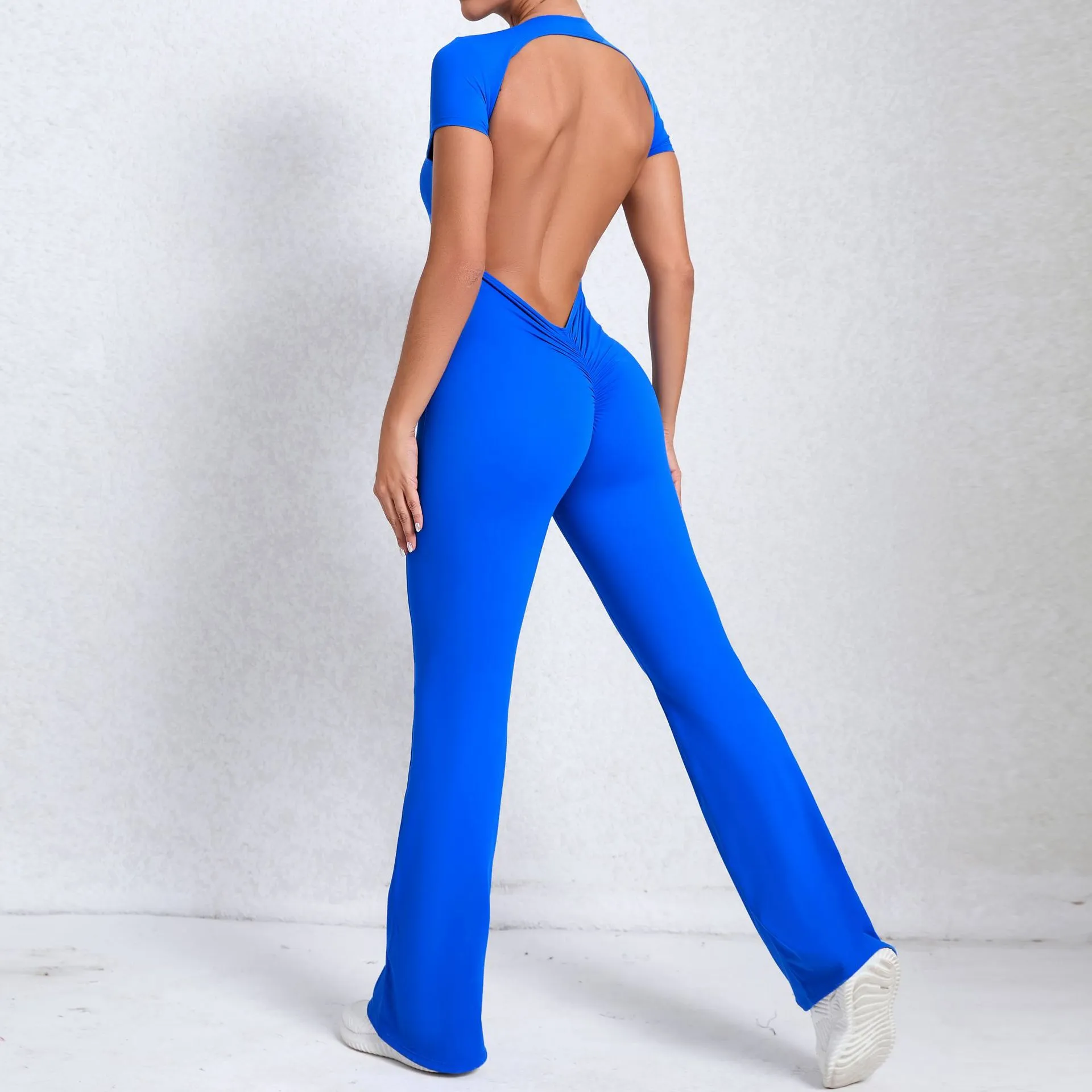 Short-sleeve flared jumpsuit