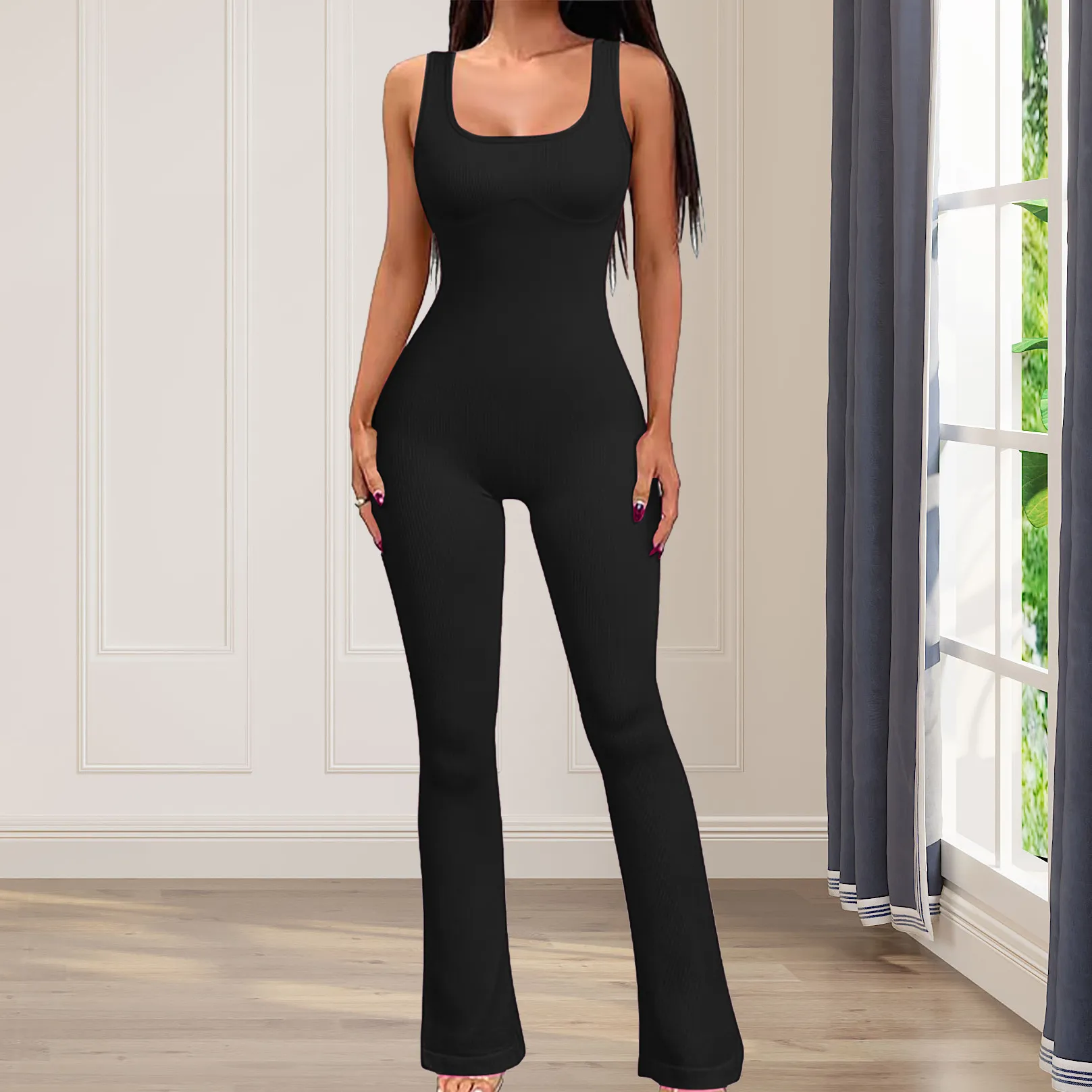 Seamless ribbed halter one-piece with flared legs